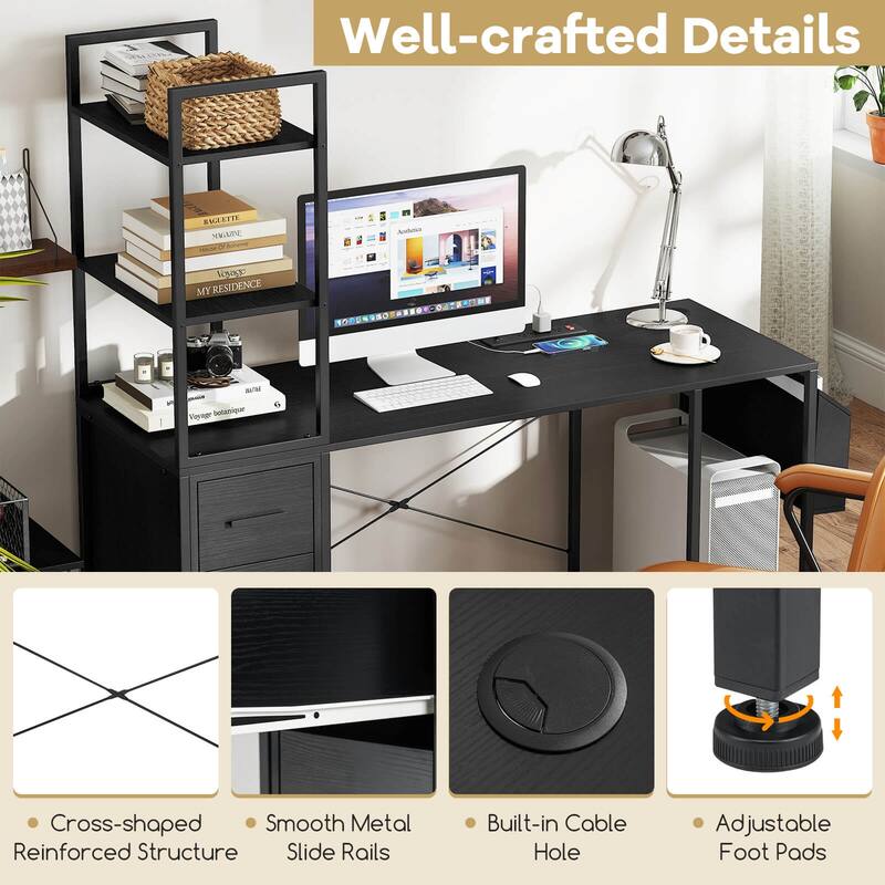 Costway Office Desk with LED Lights & Power Outlets Open Shelves 2