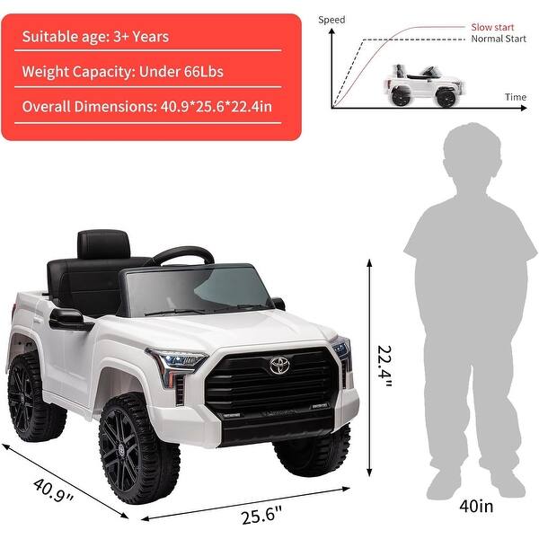 dimension image slide 0 of 4, Kids Ride On Car,Toyota Licensed Kids Truck 12V with Remote Control,Mp3,Led Lights,Suspension System,Double Doors, Safety Belt