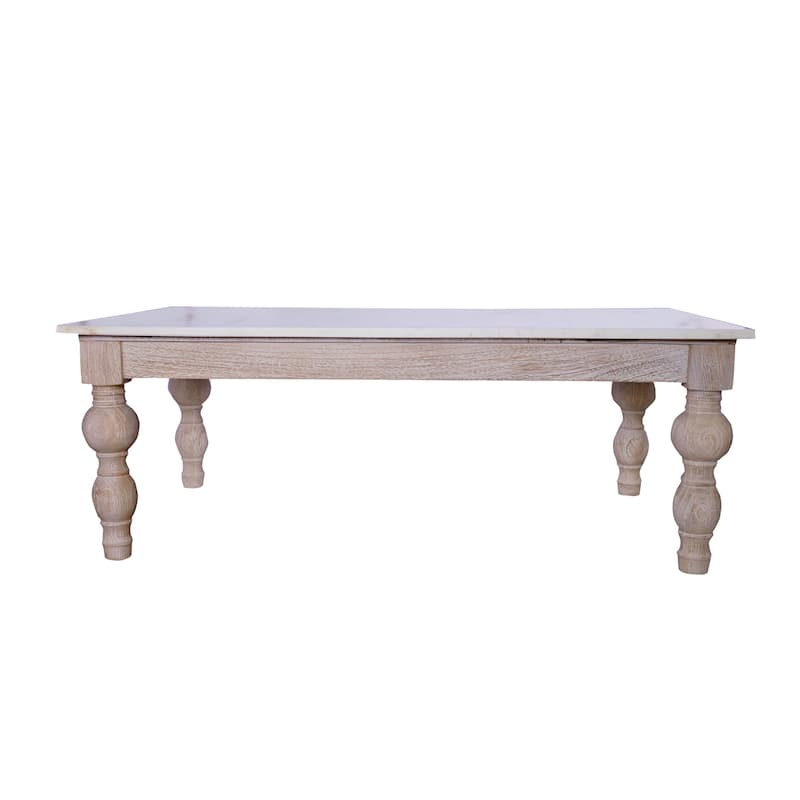 Sevita Anastasia Rectangular White Marble Coffee Table with White-Wash Spindle Base, 52" L x 30" W x 19" H