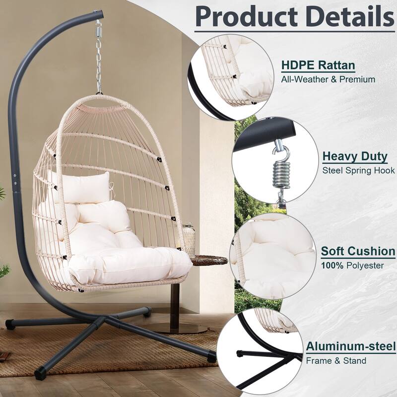 Outdoor Egg Hanging Chair, Swing Chair with Stand & Aluminum-Steel Frame, Patio Rattan Wicker Hanging Swing Egg Chair