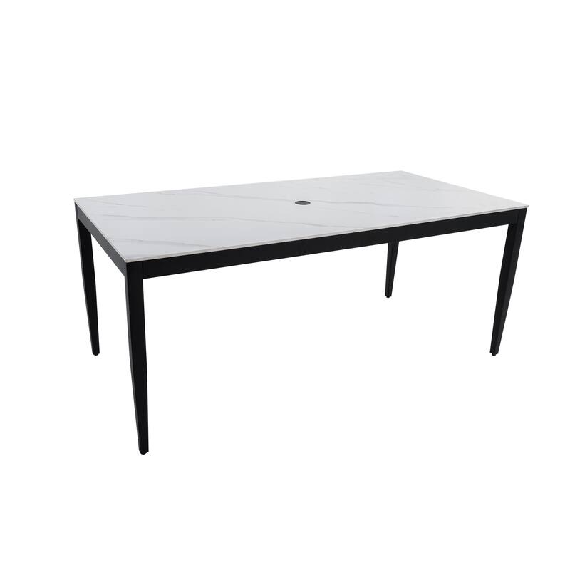 35.5" x 71" Outdoor Aluminum Dining Table with Sintered Stone Top, Tapered Legs – Weatherproof, Seats Six