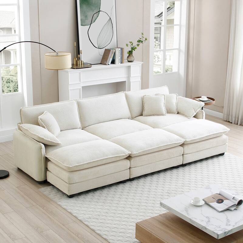 6-Piece Corduroy Modular Sleeper Sectional Sofa with 3 Ottomans & 5 Pillows - Beige