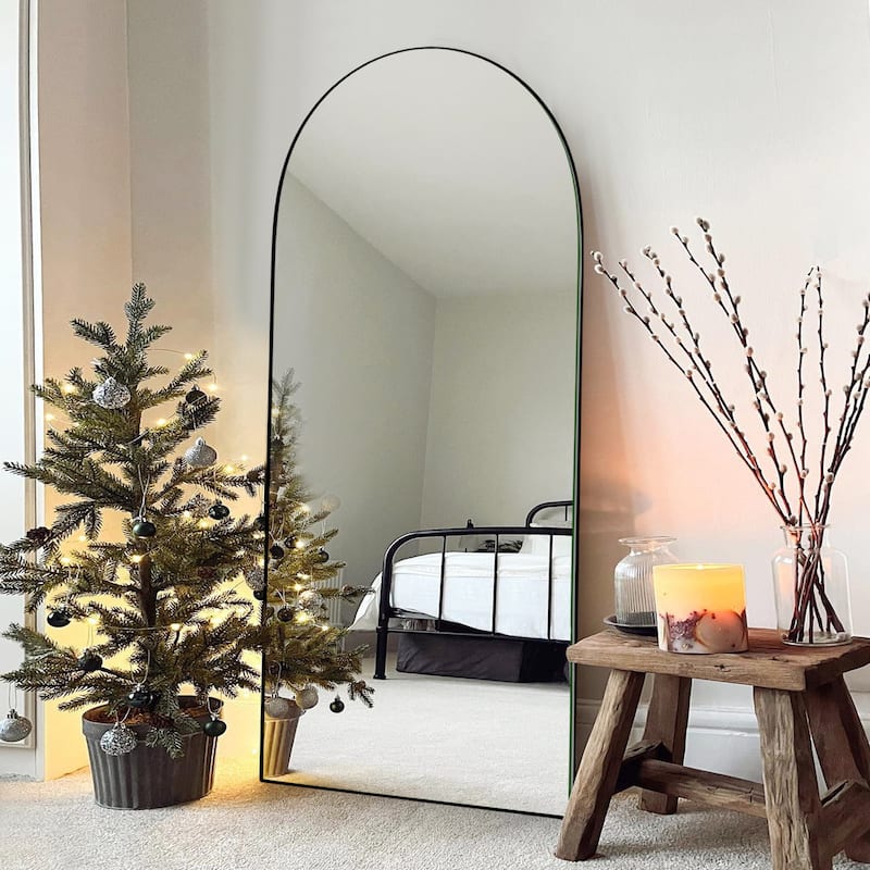 Modern Arched Full-Length Wood Floor Standing Mirror - 64.5x21.5 - Black