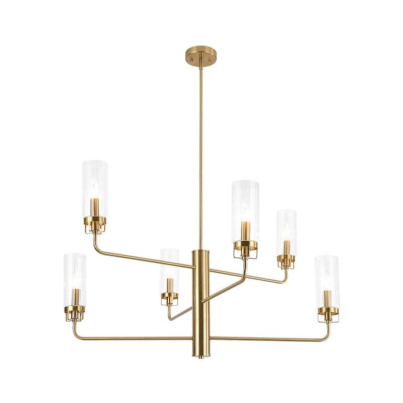 Elegant Reeded Glass 3-Tier Brushed Brass Candle Style Chandelier - 37.4 Inches
