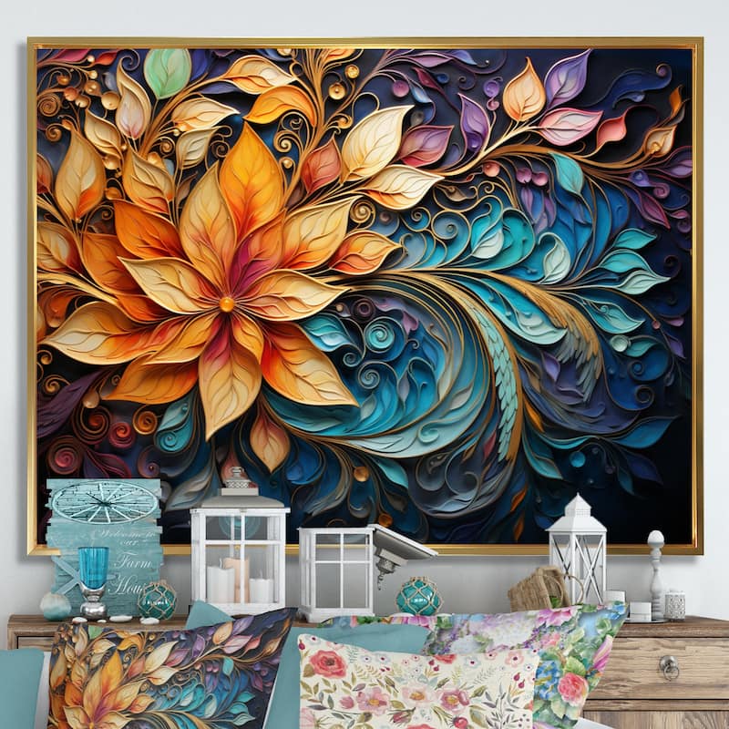 Designart "Colorful Indian Art Mystic Rangoli I" Indian Art Framed Wall Decor - 32 in. wide x 16 in. high - Gold