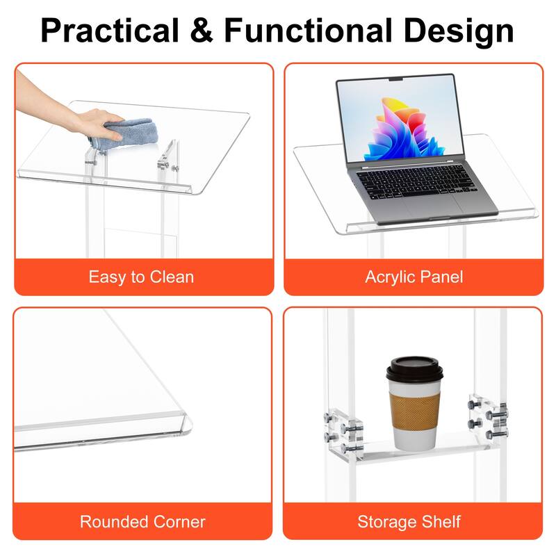 Clear Acrylic Presentation Lectern Pulpits Transparent Podium Stand with Tilted Wide Top and Shelf