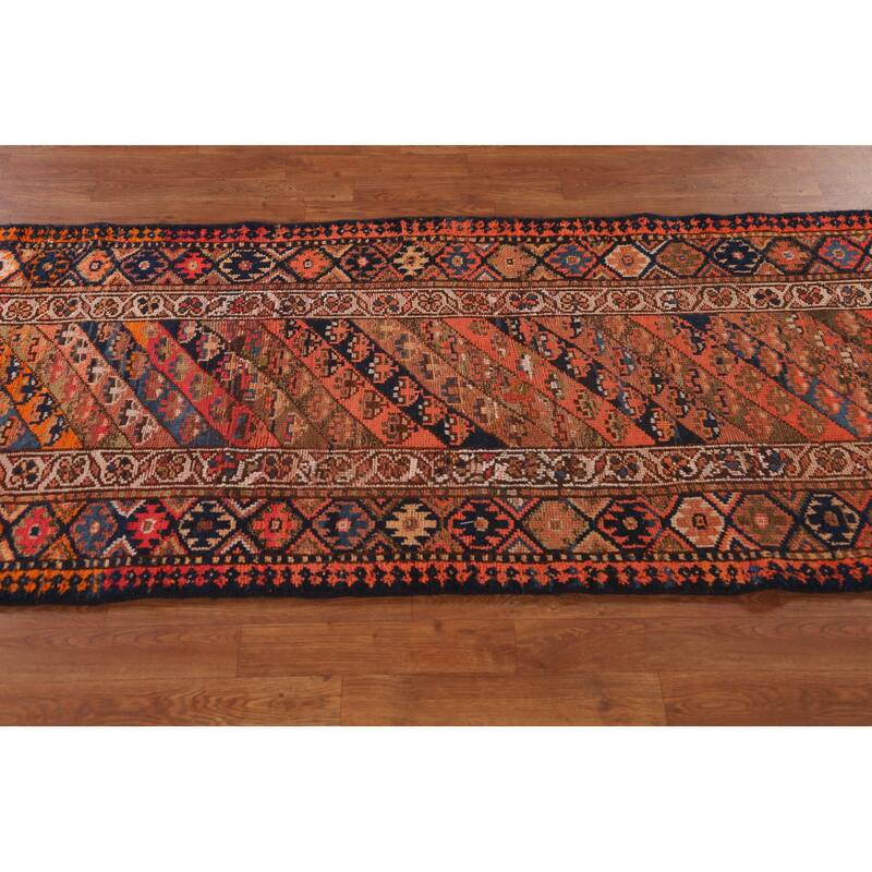Hand Knotted Oriental 100% Wool Carpet Traditional Geometric Oranges & Rust Lori Runner Rug - 14' 9'' X 2' 10''