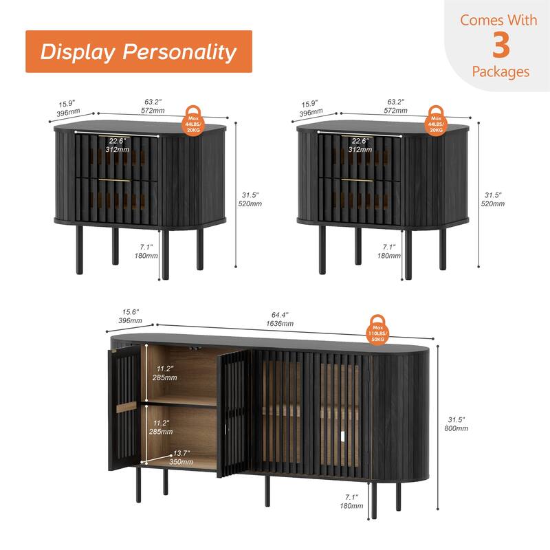 WAMPAT 3 Piece Fluted Buffet Cabinet and Nightstand