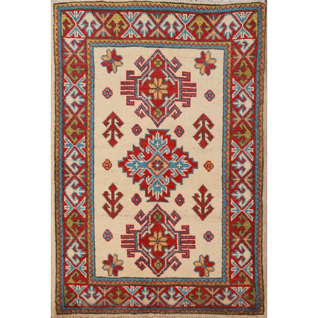 Geometric Kazak Oriental Rug Handmade Beige Wool Carpet - 2'0"x 3'0"