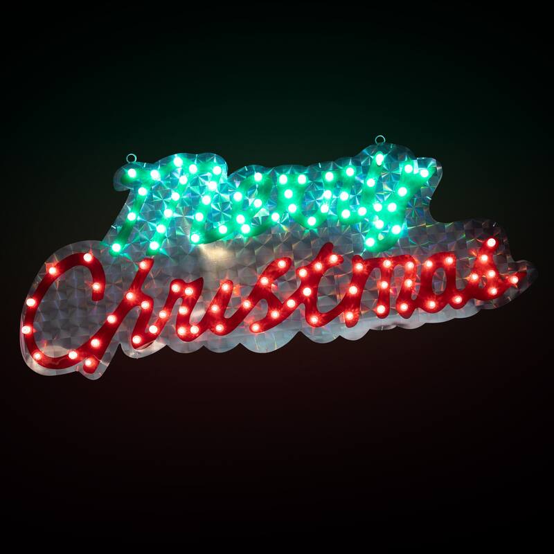 LED Lighted Holographic Merry Christmas Sign Outdoor Decoration - 42" - Red