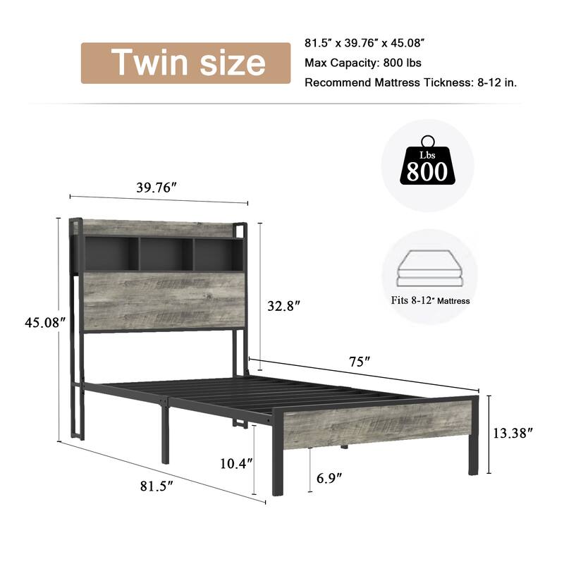 Roomfitters Metal Bed Frame with Storage Headboard, Charging Station, No Box Spring Needed, Easy Assembly, Grey
