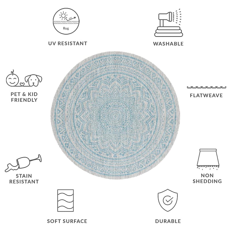 SAFAVIEH Courtyard Deepa Mandala Indoor /Outdoor Waterproof Patio Backyard Rug - 6'7" Round - Light Grey/Aqua