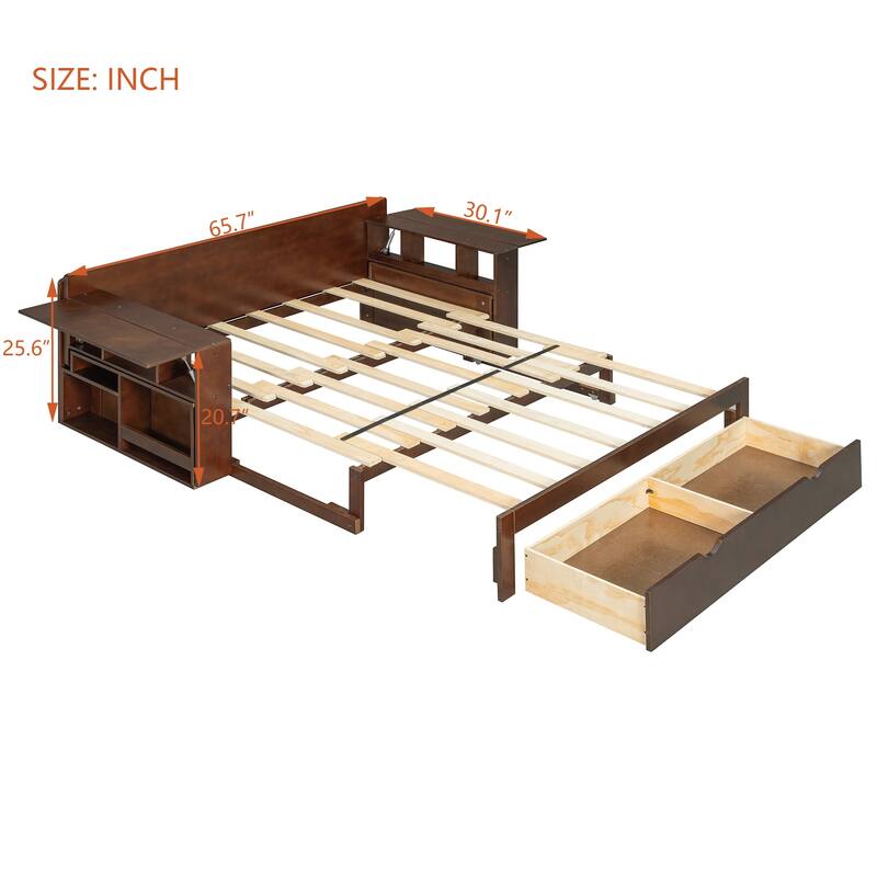 Full Size Daybed with Removable Desk, Storage Drawers & Hydraulic Side Table, Multi-Functional Sofa Bed for Small Spaces