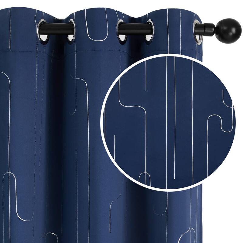 Grommet Curtains, Room Darkening Window Drapes with Lines Foil Print - W42 X L54 - Navy Blue