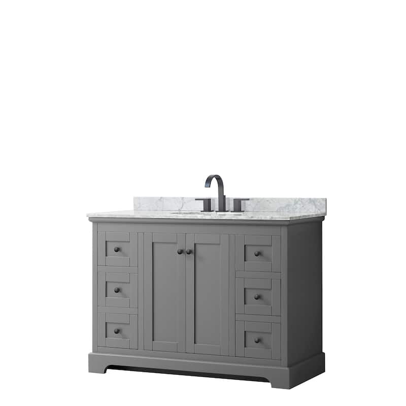 Avery 48-inch Single Vanity, Marble Top, Oval Sink, No Mirror - Dark Gray, Black Trim, White Carrara Marble Top