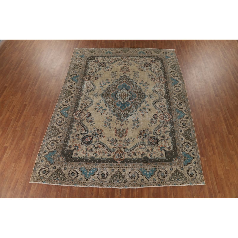 Distressed Tabriz Persian Rug Handmade Floral Wool Carpet - 9'5" x 12'4"