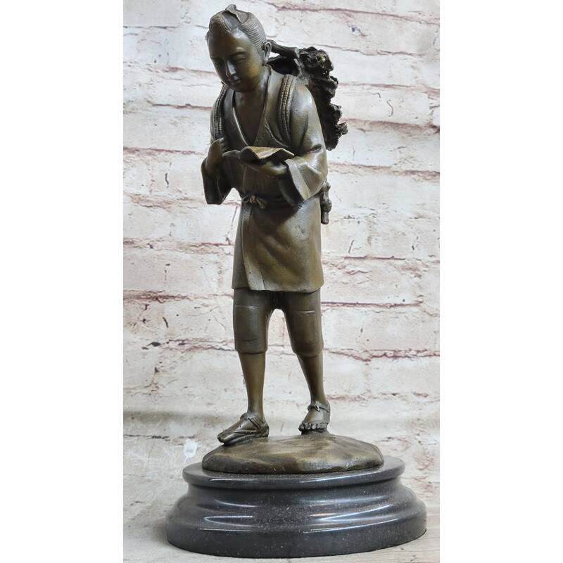 Japanese Scholar Bronze Statue With Backpack - Vintage Style Figurine Of Young Boy Reading