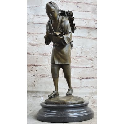 Japanese Scholar Bronze Statue With Backpack - Vintage Style Figurine Of Young Boy Reading