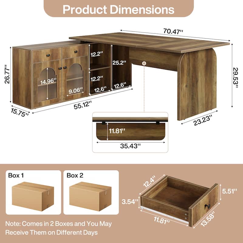 Wood L-Shaped Executive Desk with File Cabinet for Home Office