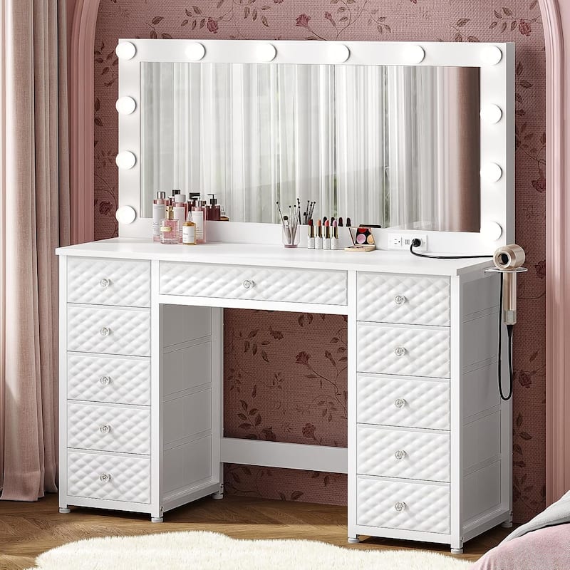 Vanity with Extra Large Mirror and Lights Power Strip 3 Color Modes - White