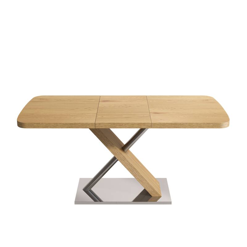 Dining Table, Original Wood Color, Seating 4-6 People, Retractable Table, Cross Metal Base and Stainless Steel Tubing
