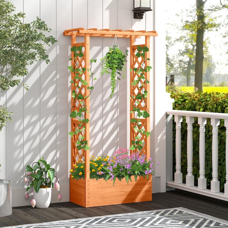 Gymax Raised Garden Bed Planter Box w/ Side & Top Trellis for Vine