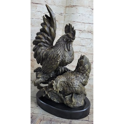 Two Roosters Chickens Bronze Metal Statue Sculpture Figure On Marble Base