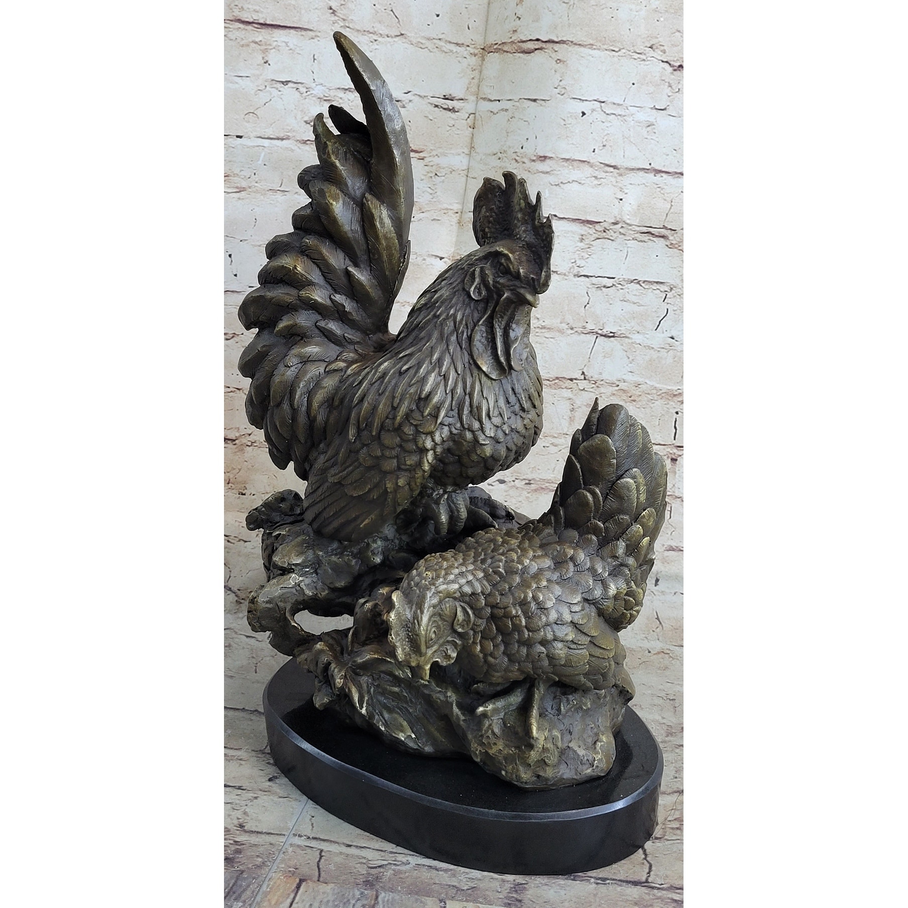 Two Roosters Chickens Bronze Metal Statue Sculpture Figure On Marble Base