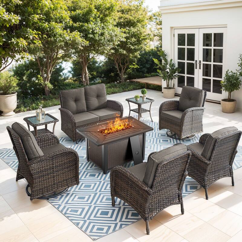 Gymojoy 7-Piece Patio Set with Glider Loveseat, Swivel Chairs & Fire Pit Table for Backyard, Garden