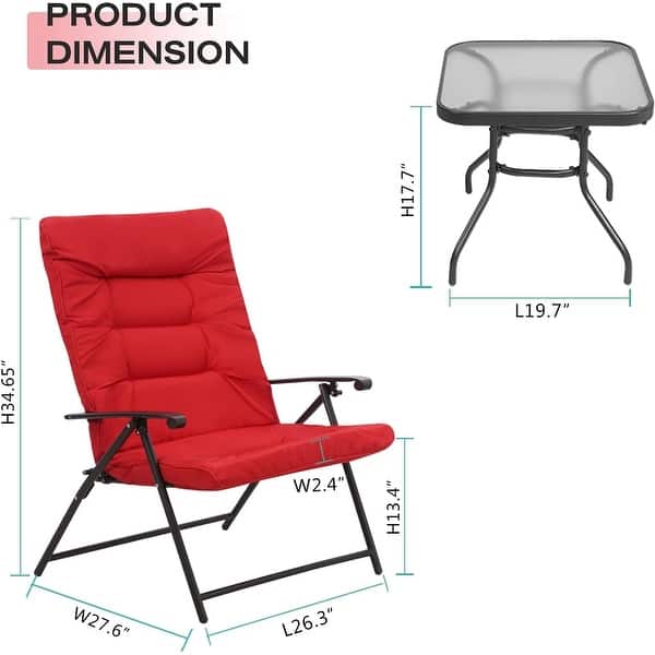 dimension image slide 1 of 3, SUNCROWN 3 Piece Outdoor Patio Padded Folding Chairs Bistro Set