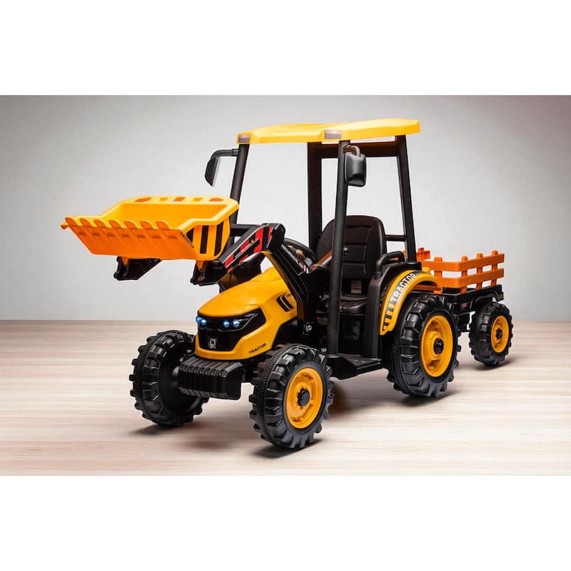 24V Kids Ride On Tractor with Remote Control, Electric Pedal Car with Trailer, Working Loader & Backhoe Digger - Yellow