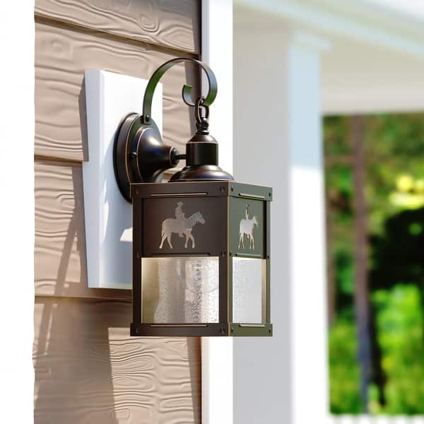 slide 2 of 11, VAXCEL Trail 13 in. H 1-Light Burnished Bronze Rustic Cowboy Outdoor Wall Sconce, Steel, Clear Seeded Glass Shade Burnished Bronze - 5-in W x 13-in H x 6-in D