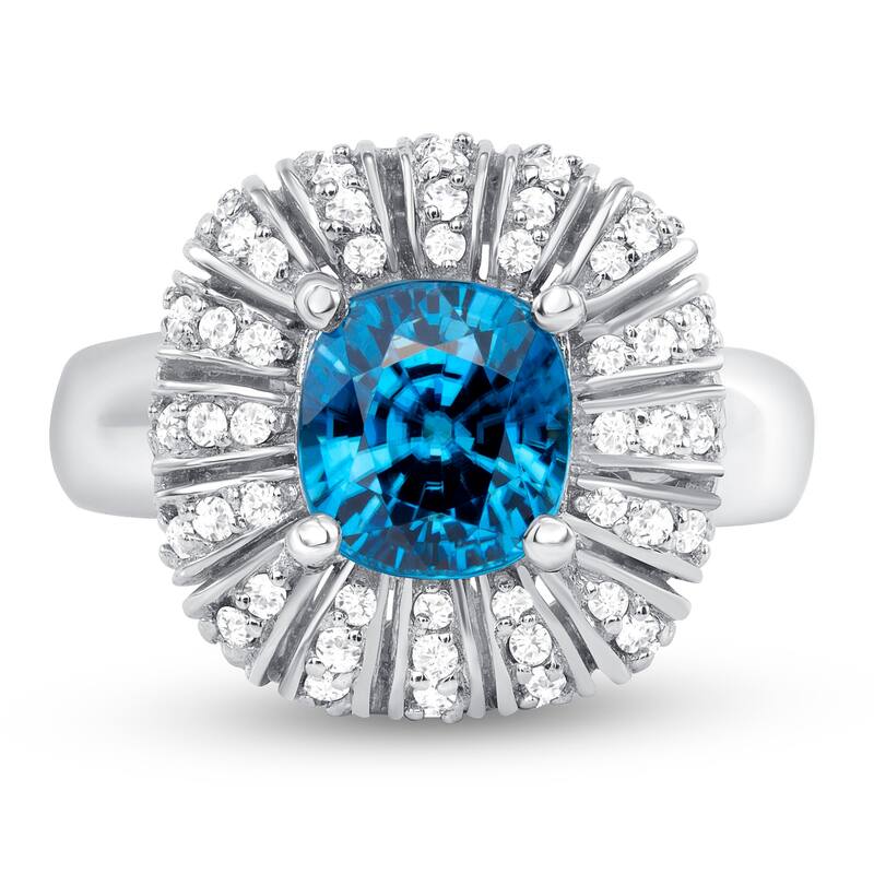 3.06 ct Blue Zircon and Diamond Ring in 14k White Gold