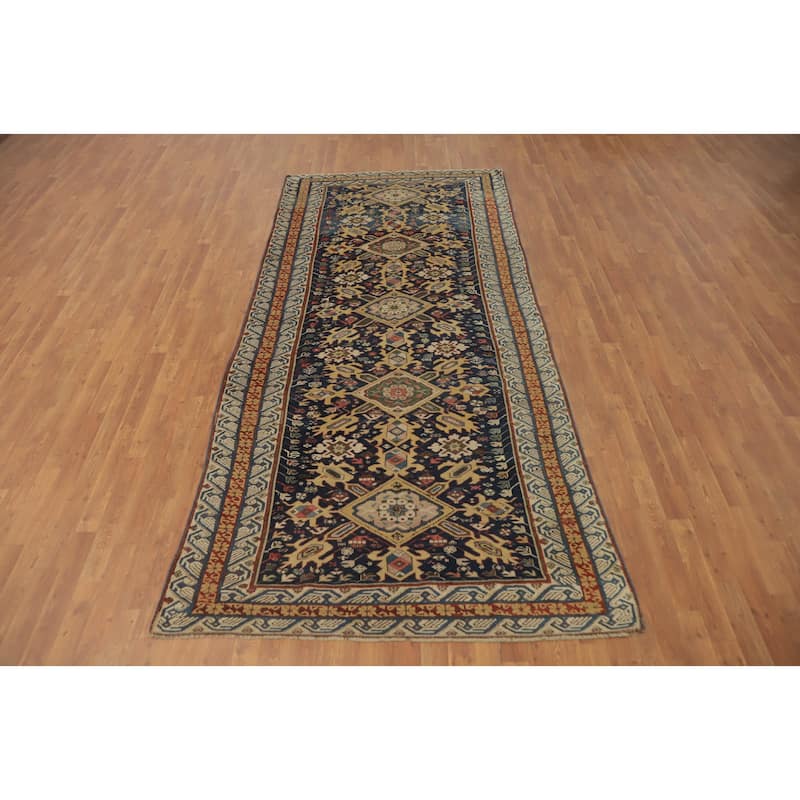Hand Knotted Oriental 100% Wool Carpet Traditional Geometric Navy Blue & Blues Kazak Area Rug - 10' 9'' X 4' 10''