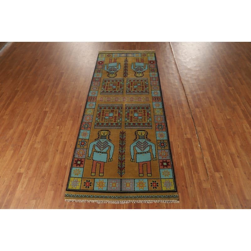 Hand Knotted Oriental 100% Wool Carpet Traditional Tribal Yellow & Gold Heriz (serapi) Runner Rug - 9' 10'' X 3' 10''