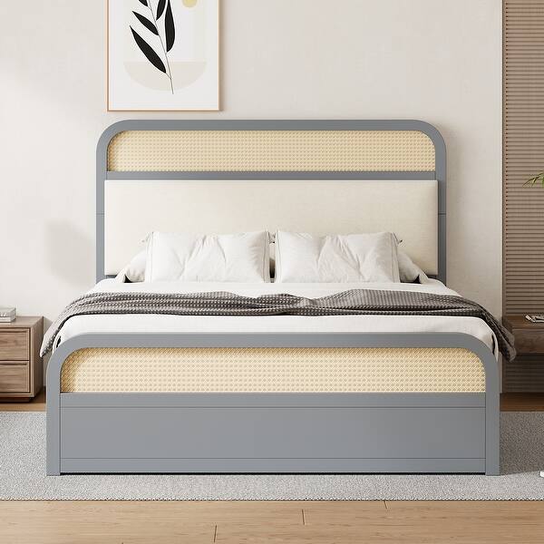 slide 2 of 10, Queen Size Platform Bed with Trundle, Pine Wooden Bed with 2 Drawers, Kid's Bed with Rattan Headboard, Grey Grey