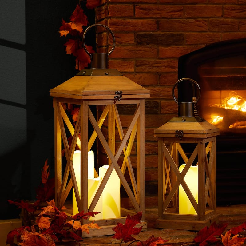 Glitzhome Set of 2 Farmhouse Wooden Lantern Hanging Candle Holders Fall Wedding Decor - 24"+17"