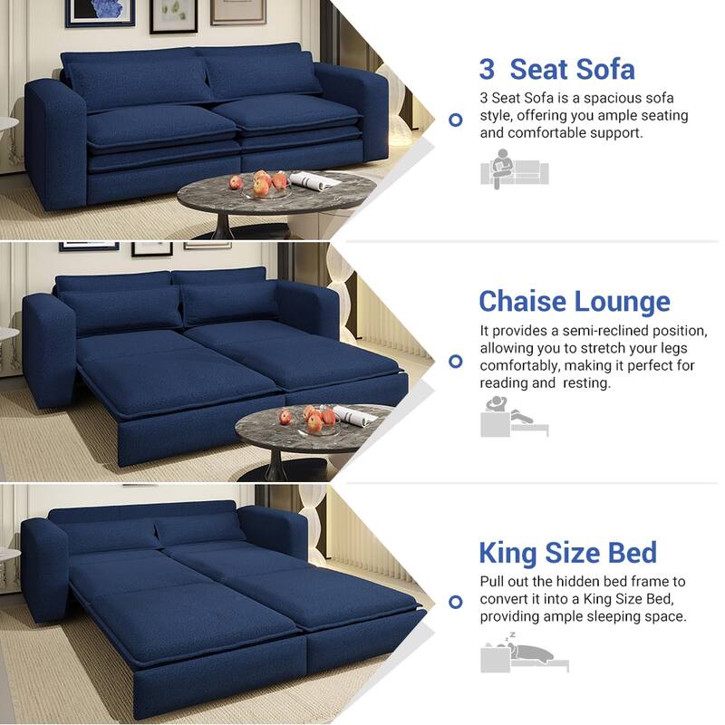 93" Convertible Sleeper Sofa Bed with Chaise Lounge, 3-in-1 Pull Out Sofa Couch, Teddy Fabric Loveseat Sofa w/ 2 Lumbar Pillows