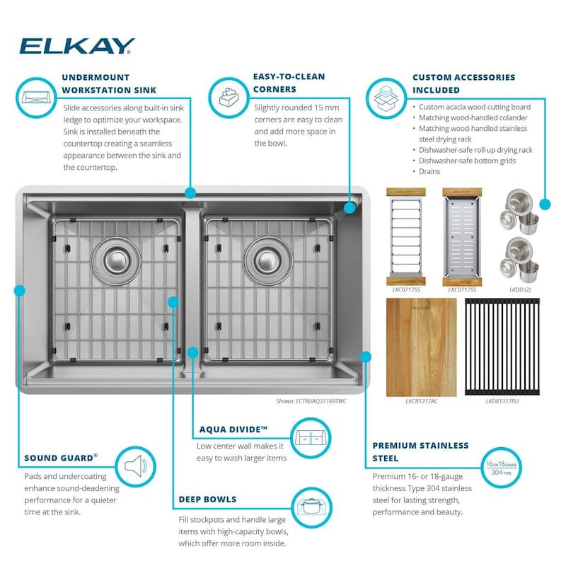 Elkay Crosstown Workstation Stainless Steel 31-1/2" x 18-1/2" x 9" Equal Double Bowl Sink Kit with Aqua Divide