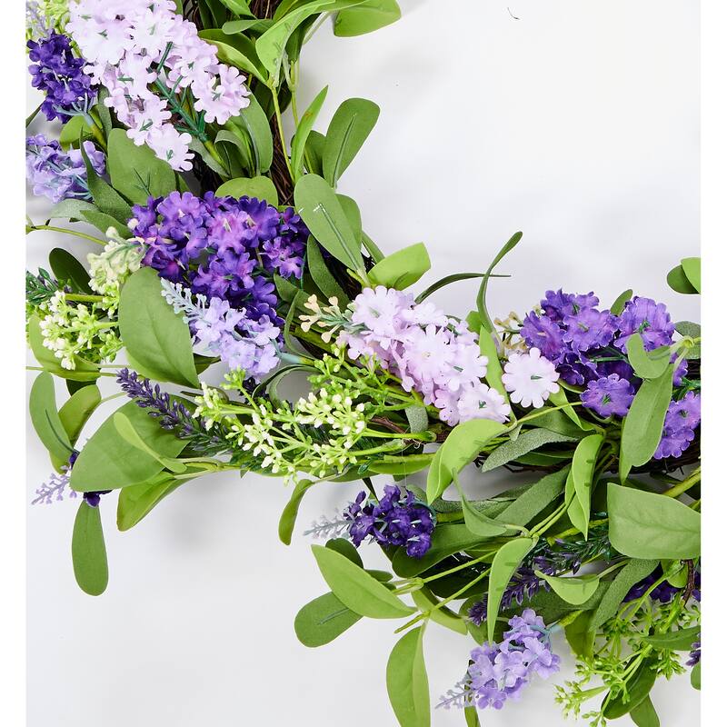 24" Artificial Spring Lavender and Green Leaves Wreath on Natural Twig Base