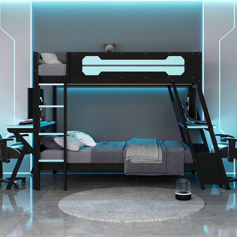 E-sports Inspired Bunk Bed with 2 Built-In Gaming Desks, USB Desktop Ports and Pegboard Organizer, Bunk Frame for Teens Gamer
