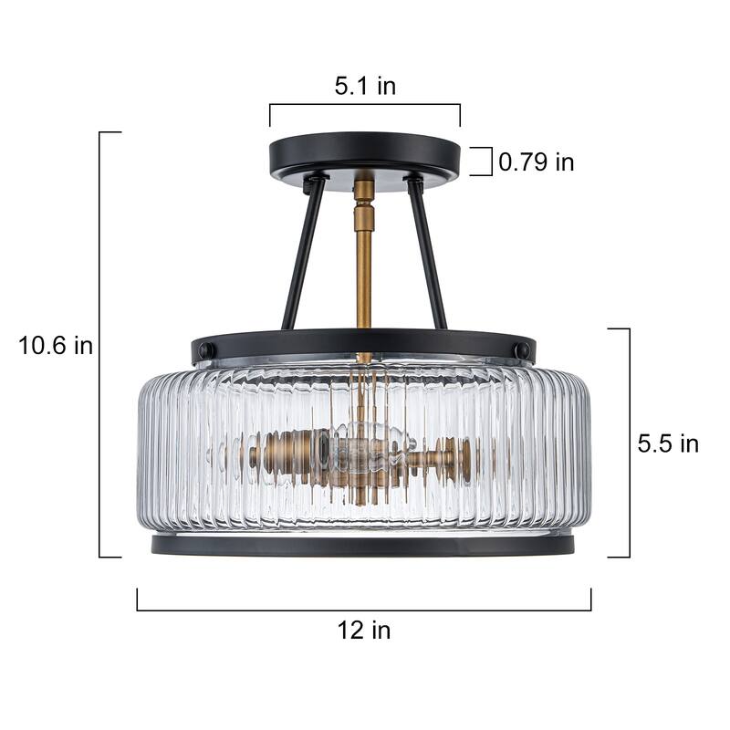 3-Light Industrial-style Black Lantern Glass Semi Flush Mount