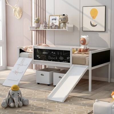 Twin Size Loft Bed with Three Blackboards, Two Storage Boxes, and Slide, Perfect for Kids' Bedroom Playtime