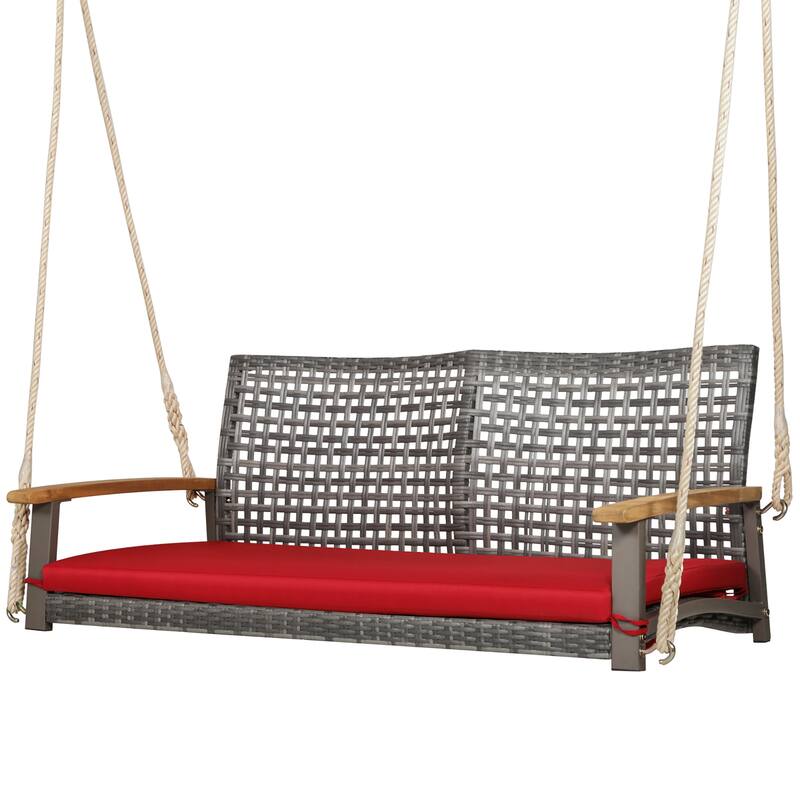 2 Person Patio Porch Swing Chair Outdoor Rattan Swing Bench - Red