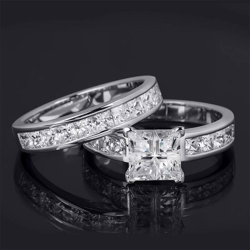 Sterling Silver 3.5 CT Cubic Zirconia Princess Cut Bridal Ring Set
