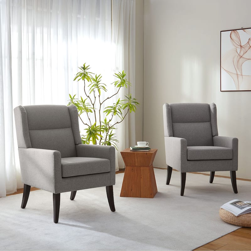 Set of 2 Modern Upholstered Accent Chairs with High Back and Wooden Legs – Grey/Beige/Brown