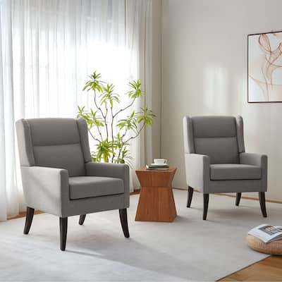 Set of 2 Modern Upholstered Accent Chairs with High Back and Wooden Legs – Grey/Beige/Brown