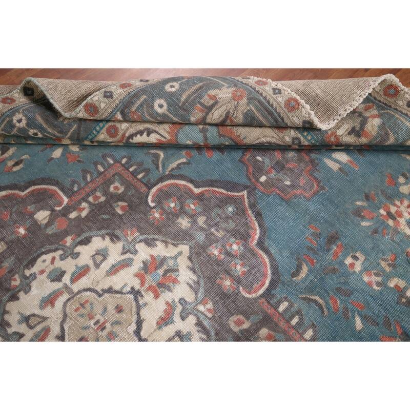 Blue Distressed Tabriz Vintage Persian Area Rug Handmade Wool Carpet - 9'7" x 12'3"