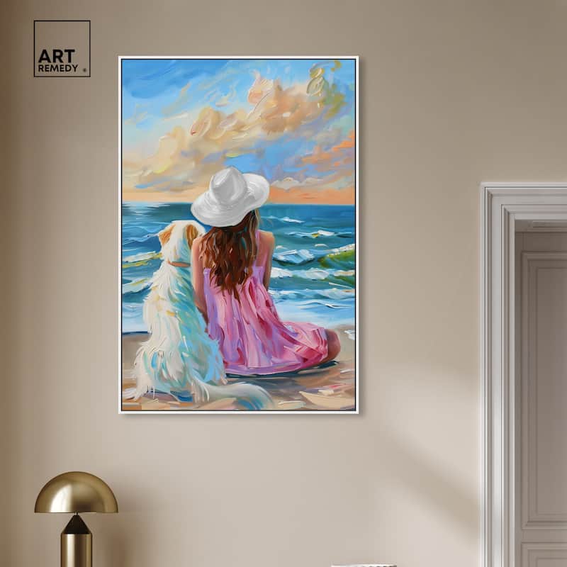 Art Remedy Girl And Her Best Friend Framed Colorful Coastal 1 Piece Canvas Wall Art