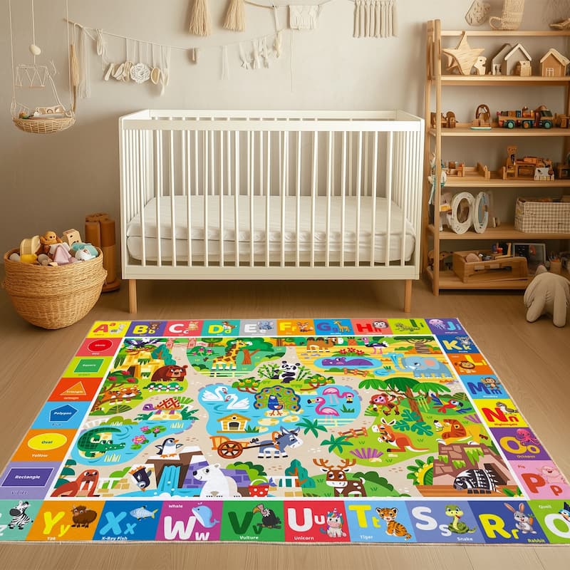 Kids Area Rug for Playroom, Non Slip ABC Animal Shape Color Kids Classroom Carpet Rug, Washable Play Mat Rug